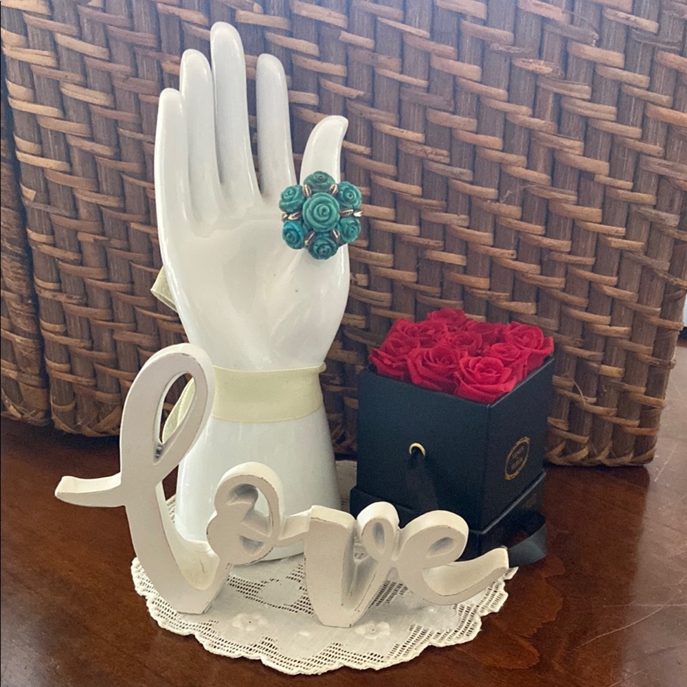 Turquoise carved roses ring